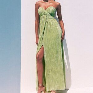 Lulus Oswin Lime Green Satin Plisse Strapless Maxi Dress - Size L